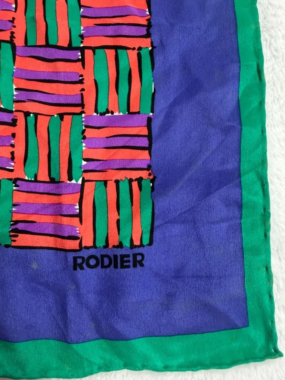 Rodier Paris Silk Scarf Geometric Basketweave Purple Green 34x34 Square